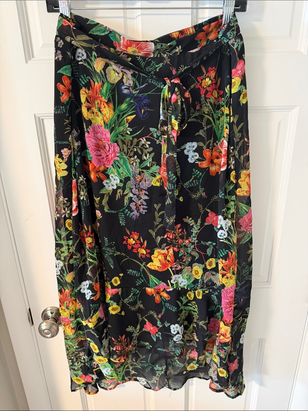 Westport Tropical Botanical Fine Chiffon Overlay Tie-Waist Skirt High-low Large